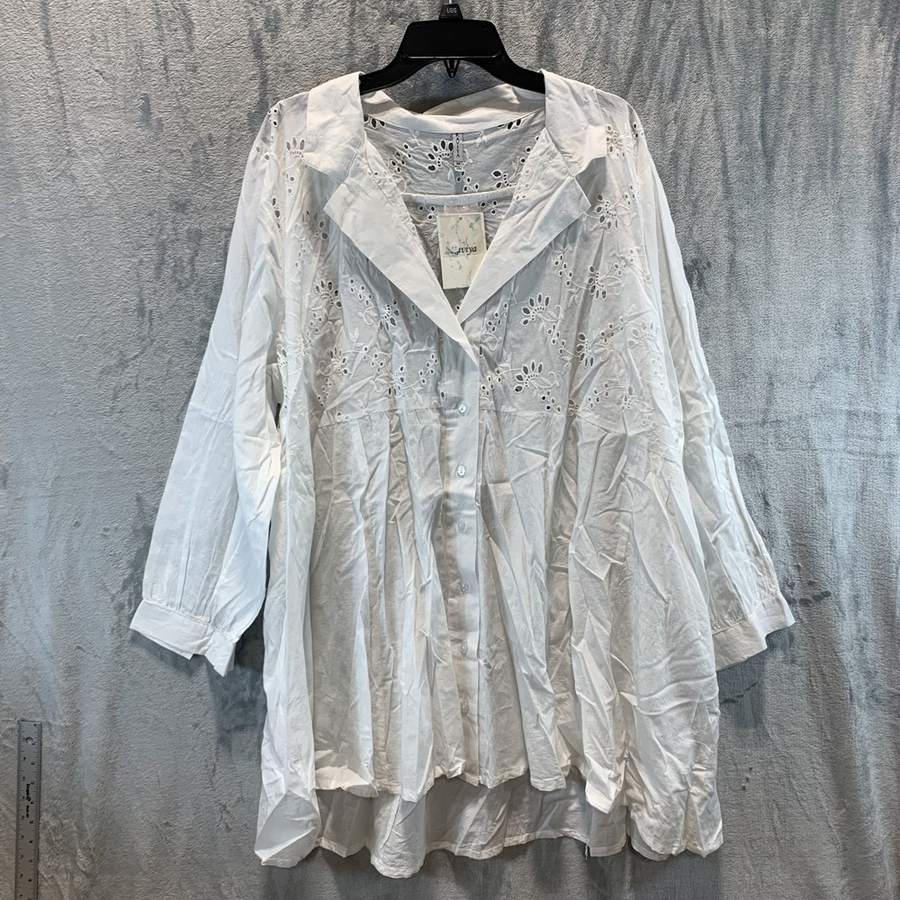 Raviya Women's Swimsuit Cover Up 3X Plus White Eyelet Long Sleeve Button Up